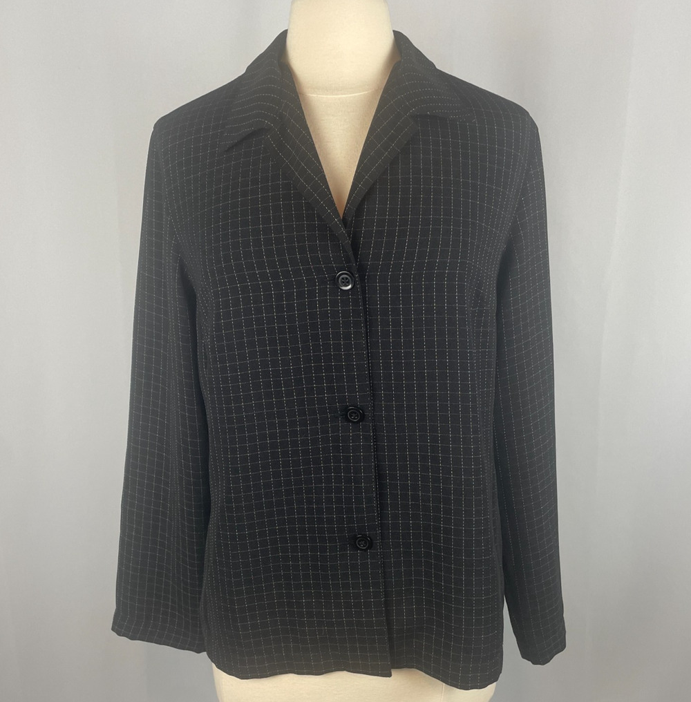 Vintage Blouse Top Size 12 Black White Windowpane Grid Minimal Academia 90s